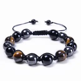 10 mm de pedra natural de pedra natural, corda feita de charme trançado pulseiras ajustáveis ​​Bangle para homens jóias de miçangas