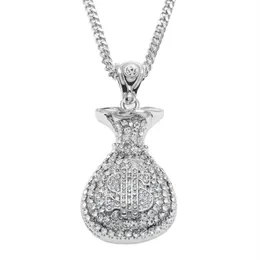 Hip Hop Antique Srebrne złoto Pleced Money Bag Wisip dla mężczyzn Kobiety Bling Crystal Dollar Charm Naszyjnik Long Cuban Cain 282Z209D