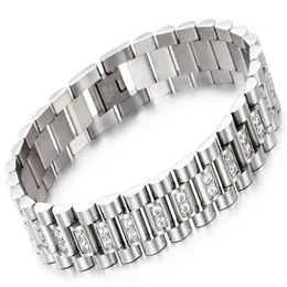 Uhrenarmband-Stil, 15 mm breit, 316L-Edelstahl, luxuriöses Herrenarmband, Gliederarmband mit Zinkenfassung, CZ-Steinen, KKA2199278C