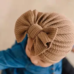 Hats Cotton Waffle Knitted Baby Girl Hat Walf Checks Large Bow Infant Bonnet Turban Beanie Girls Toddler HeadWrap Cap