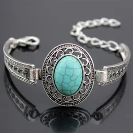 Lot 12pcs Tibet Vintage Gümüş Retro İçi Boş Alaşım Tasarım Oval Turkuaz Bilezik Alaşım İzleme Bantları Doğal Taş Bangles Hediyeler MB163249Q