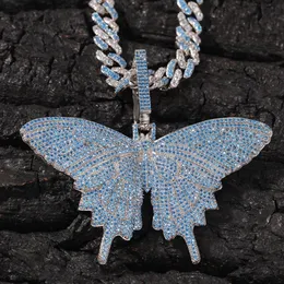 Iced Out Animal Grand Papillon Pendentif Collier avec Chaîne Cubaine Bleue Argent Bleu Plaqué Or Hommes Hip Hop Bling Bijoux Gift287g
