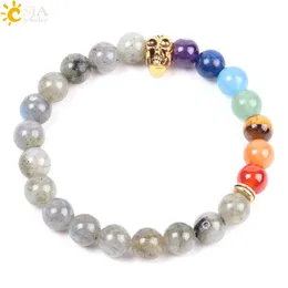 Pulseira de caveira de ouro csja para homens 7 chakras miçangas espectrolite natural labradorita de 8 mm de chakra embrulhando pulgle bangle namorado presente e211y