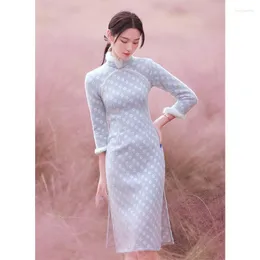 Ethnische Kleidung, verbessertes Woll-Cheongsam 2022 Winter junger Stil, dickes, elegantes, langärmeliges, mittellanges Kleid
