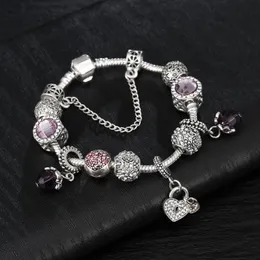 Bütün Charm Bilezik 925 Gümüş Pandora Bilezikleri Kadınlar için Kraliyet Taç Bilezik Mor Kristal Boncuklar Özel Logo 302m