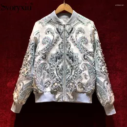 Kvinnorjackor SvoryXiu Designer Autumn Winter Fashion Silver Jacquard Coat Women's Manual Pärlad Totem Print Luxury Overcoat Outwear