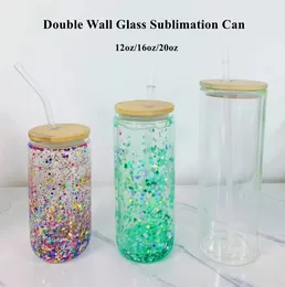 12oz 16 oz 20 oz çift duvar süblimasyon cam su şişeleri kar küre tumbler bira kupaları bambu kapağı ve yeniden kullanılabilir saman ile bardak içen bardaklar 918
