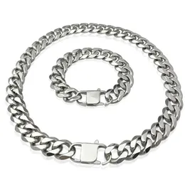 Chains 15MM Cuban Link Necklaces Polishing Stainless Steel Necklace Bracelets Set For Men Women High Quality JewelryChains273Y