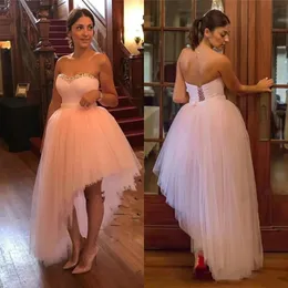 Sexy Sweetheart Crystals Beaded Light Pink Prom Dresses High Low Evening Gowns Strapless Formal Party Dress Tulle Ball Gown Vestidos 2023