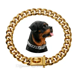 Lifetime Gold Dog Kuba Chain Collage Walking Metal Chain Collar With Design Secure Buckle 18K Cuban Link Strong Heavy Duty Chew Proof för medelstora hundar 15mm 16in B151