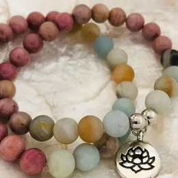 Charm Bracelets Set Of 2 Mala Lotus Jewelry Amazonite And Rhodochrosite Beaded Bracelet For Ladies 8mm Prayer Beads Wrist