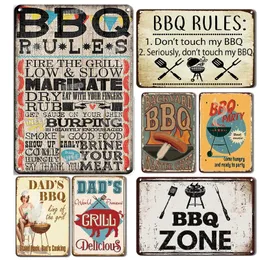 Rolig designad metallmålningsaffisch BBQ Zone Tin Sign Vintage Dads BBQ Yard Outdoor Party Decoration Plate Barbecue Rules Slogan Iron Sticket Signs Storlek 30x20cm