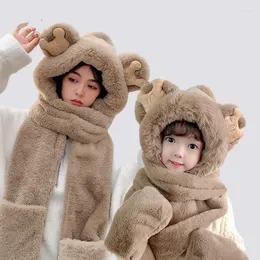 BERETS 2022 Winter Plush Hat Scarf Gloves for Women Girls Children 참신 단색 곰 귀에 비니 캡 스카프 세트 보닛