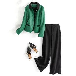 2022 Autumn Green Houndstooth Two Piece Pants Sets Long Sleeve Lapel Neck Panelled Top & Wide Leg Trousers Pants Suits Set 22S157598