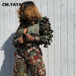Giacche da donna CM.YAYA Donna Camouflage Cacading Ruffles Manica svasata Giacca con bottoni Primavera Inverno Streetwear Cappotto militare 220916