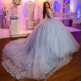 Sky Blue Beads Crystal Corset Quinceanera Dresses Ball Gown Off The Shoulder Appliques Lace Sweet 16 Vestidos De 15 Anos