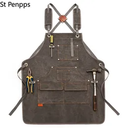 Aprons Durable Goods Heavy Duty Unisex Canvas Work Apron with Tool Pockets Cross-Back Straps Adjustable For Woodworking Painting 220919