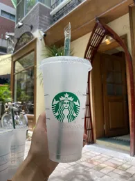 Starbucks 24 oz / 710 ml Tasse en plastique Couvercle de gobelet Réutilisable Transparent Boire Fond plat Forme de pilier Paille Bardian Changement de couleur Flash Cups 50 PCS