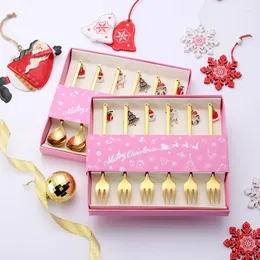 Couverts Ensembles 6pcs Argenterie Couverts En Acier Inoxydable Or / Argent Cuillères Et Fourchettes Avec Ornements Cadeau De Noël Mignon Dessert Fourchette À Fruits