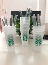 Starbucks 24OZ/710ml Plastic Tumbler Reusable Clear Drinking Flat Bottom Cup Pillar Shape Lid Straw Mug Bardian 500pcs