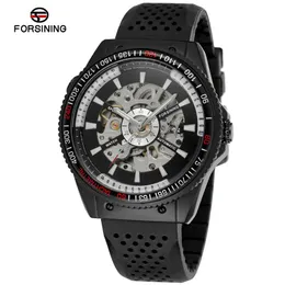 Forsining Men's Top Automatic Watch Marchs Black Silicone Hollow Skeleton Rubber Sports Wallwatch Gifts292p