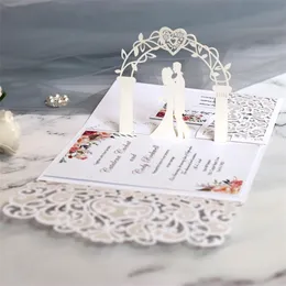 Greeting Cards 50pcs European Laser Cut Wedding Invitations Card 3D Tri-Fold Lace Heart Elegant Party Favor Decoration 220919