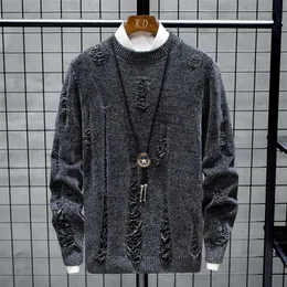 Camisolas masculinos Houzhou Sweater de malha suéter preto suéter rasgado com buracos rasgados suéter cáqui khaki streetwear coreano hip hop harajuku 220919