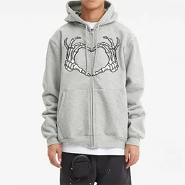 Herrhuvtröjor Herr Y2K Estetisk Gotisk Luvtröja Halloween Grafiskt skeletttryck Långärmad Zip Up Sweatshirts Jacka 90-talsrock