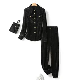 2022 Autumn Black Solid Color Two Piece Pants Set Long Sleeve Lapel Neck Single-Breasted Blus Long Pants Suits Set 22S157698