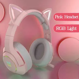 Headset RGB Gaming 7.1 Stereo hörlurar rosa headset borttagbart kattörat USB med mikrobrusreducering för PS4/Xbox One Söt flicka T220916