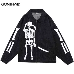 Men's Jackets Men Denim Jacket Streetwear Hip Hop Embroidery Skull Skeleton Bone Patch Zipper Denim Coat Harajuku Fashion Casual Jean Jackets T220914