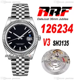 ARF V3 36 126234 SH3135 Automatik-Unisex-Uhr für Herren und Damen, geriffelte Lünette, schwarzes Stick-Zifferblatt, 904L JubileeSteel-Armband, Super Edition, Karte derselben Serie, Puretime F6