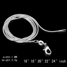 Top quality 50 pcs 925 Sterling Silver Smooth Snake Chains Necklace Lobster Clasps Chain Jewelry Findings Size 1 MM 16inch --- 24inch234m