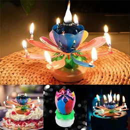 Candles Music Double Flower Blossoms Birthday Cake Flat Rotating Electronic Lotus Wax Party Surprise Prop 220919