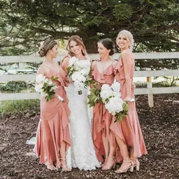 Сексуальная русалка подружки невесты платья спагетти ремни Hi-lo Ruffles Beach Garden Свадебные платья для гостей