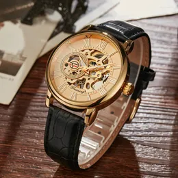 Zegarek gorben czarny skórzany pasek mężczyzn patrz szkielet automatyczny mechaniczny męski zegar sport swobodny zegarki na rękę na rękę