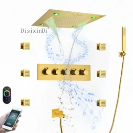 Luxury Gold Ceiling Embedded Shower Set 304 Stainless Steel 16 Inch Rain and Waterfall LED Thermostatic Shower Head with Music Speaker