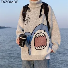 Men's Sweaters ZAZOMDE Turtlenecks Shark Sweater Winter Patchwor Harajuku Korean Style High Neck Oversized Grey Turtleneck For 220919