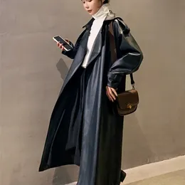 Skórzanie damskie Faux Nerazzurri Spring Black Oversizef Długi wodoodporny płaszcz dla kobiet luźne koreańskie odzież mody 220916