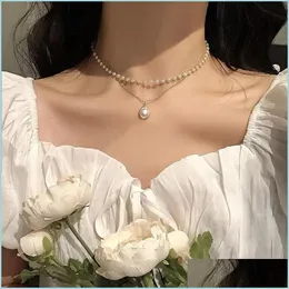 Naszyjniki wisiorek moda Pearl Choker Naszyjnik Śliczny podwójny łańcuch łańcuchowy dla kobiet biżuteria Girl Prezent 5570 Q2 Drop dostawa 202 DHQFS