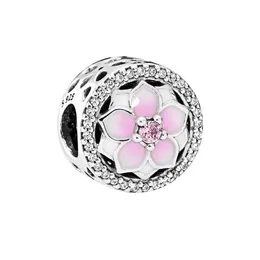 Pink Magnolia Flower Charm 925 Sterling Silver DIY smycken Tillbehör med original detaljhandelslåda för Pandora Bangle Armband Halsband Making Charms