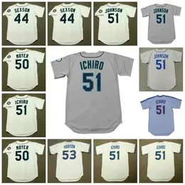 GlaC202 Seattle Vintage Baseball Jersey 44 RICHIE SEXSON 2005 50 JAMIE MOYER 1997 51 ICHIRO SUZUKI 1970er RANDY JOHNSON 1990 53 WILLIE HORTON 1979