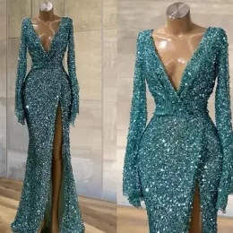 Sequins Blue Glitter Mermaid Prom Dresses Long Sleeves Sexy Deep V Neck Front Slit Party Night African Formal Evening Gowns Plus Size