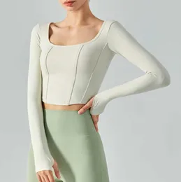 Fish Bone Tangent Square Neck Yoga Top Long Sleeve Female Slim Sports Shirt Fitness Gym Clothes