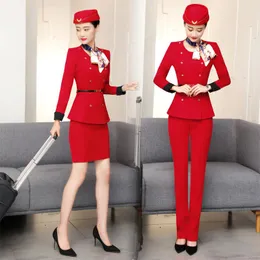 Kadınlar iki parçalı pantolon Izicfly tarzı kırmızı havayolu hostes kıyafetleri kadın pantolon takım elbise el resepsiyon spa restoran garsonluk iş için üniforma