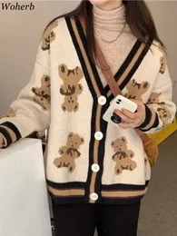 여자 S 니트 티 티스 가을 가을 여성 니트 스웨터 베어 카디건 귀여운 탑 한국 일본 패션 크로 셰 뜨개질 하라주 쿠 느슨