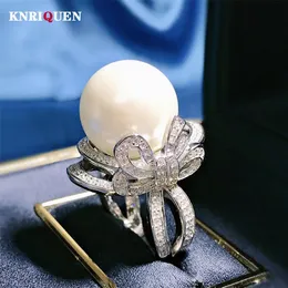 Trend pierścienia Solitaire 100% prawdziwy srebrny 925 s runda 16 mm świeża woda Big Pearl Charms High Carbon Diamond Party Fine Jewelry Prezent 220916