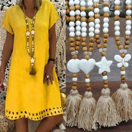 Womens Boheimian Fashion Long Chain Wood Beads Tassel Necklace Butterfly Heart Star Cross Turquoise Stone Bead Jewelry274d