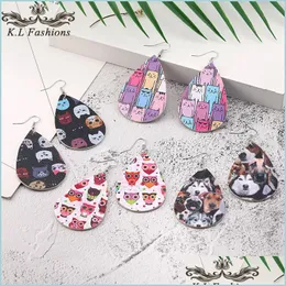 Orecchini pendenti in pelle stampata animale con design a lampadario per donne Ragazze Boho Cat Dog Orecchini pendenti pendenti ovali Waterdrop Ear Creativ Dhzm6