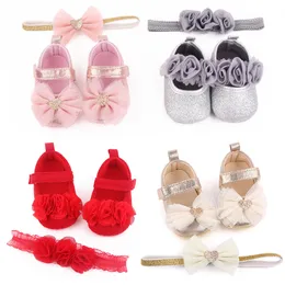 Neugeborene Baby Mädchen Schuhe mit Stirnband Blumendruck Schleife Kinder Schuhe Kleinkind Kleinkind weiche Sohle Party Prinzessin Schuhe